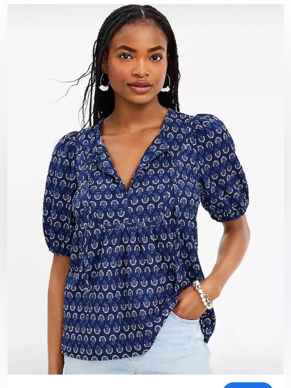 LOFT Navy Printed V-Neck Puff-Sleeve Top